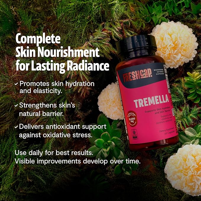 Tremella Mushroom Capsules 12,000 mg – Organic Snow Mushroom for Hair, Skin, and Nails Hydration, Radiance, & Elasticity – Functional Mushroom Supplement, Extract 12:1, 40% Beta Glucans (60 Capsules)