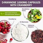 D-Mannose 1000mg Capsules with Cranberry Juice Powder, Hibiscus, and Dandelion Extracts - 30 Day Supply for Urinary Tract Health