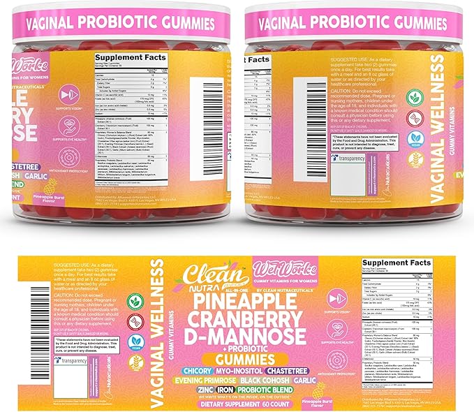 Wet Works Women's Vaginal Probiotic Gummies Pineapple Cranberry Folic Acid D-Mannose Vitamin C Chicory Myo Inositol Garlic Black Cohosh Zinc Iron Evening Primrose Chastetree 60 Count by Clean Nutra