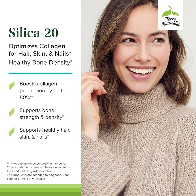 Terry Naturally Silica-20 - Support Hair Growth & Nail Strength - Collagen Supplement to Aid Bone Density & Strength - Skincare Supplement to Support Skin, Nail & Bone Health - 90 Tablets
