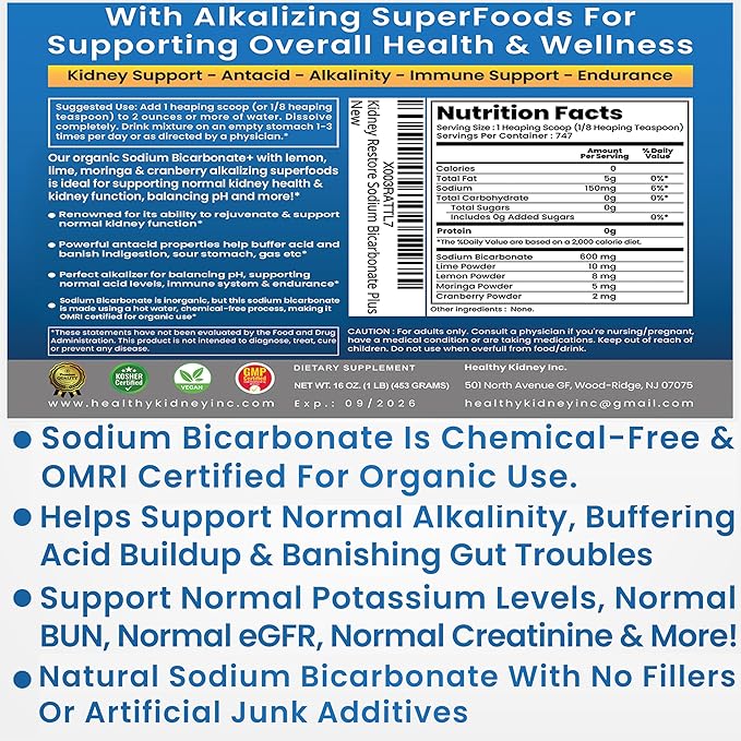 Kidney Restore Organic Sodium Bicarbonate Alkaline Supplement 1LB Cleanse 60 Caps Bundle – Supports Kidney Health, Neutralizes Stomach Acid, Alkaline Superfoods, Immune Support, Antacid & Vitamins f