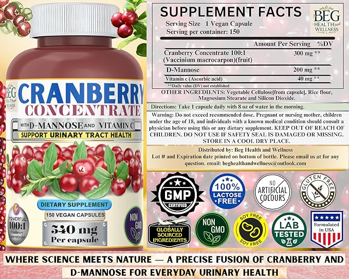 Cranberry Supplement for Women with D-Mannose & Vitamin C – Urinary Tract & Bladder Support – 150 Capsules in Premium Amber Glass Bottle, Vegan, Non-GMO