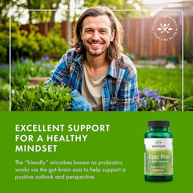 Swanson Epic-Pro 25-Strain Probiotic with Prebiotic FOS for Gut-Health-Conscious Adults Seeking Comprehensive Digestive and Immune Support - 30 Billion CFU (30 Vegan DRcaps, 2 Pack)