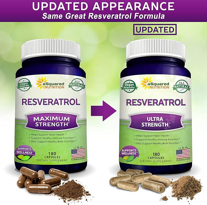 100% Natural Resveratrol - 1000mg Per Serving Max Strength (180 Capsules) Antioxidant Supplement, Trans-Resveratrol Pills for Heart Health & Pure, Polyphenols (Pack of 2)
