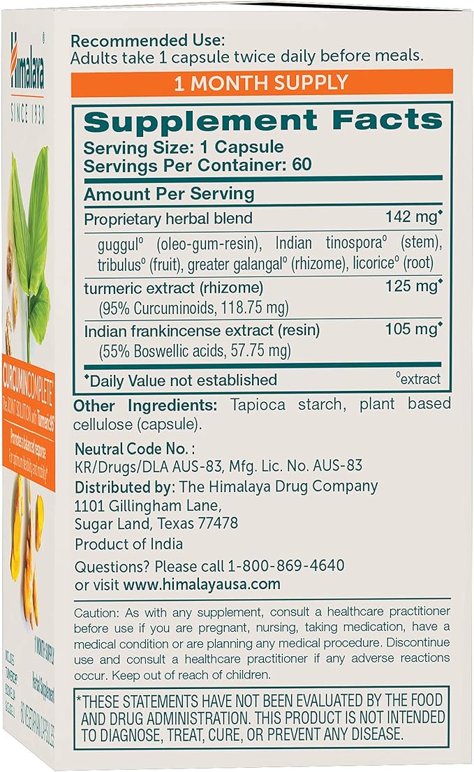 Himalaya Curcumin Complete - Herbal Joint Support Supplement with Turmeric Curcumin for Joint Health and Mobility Support, 95% Curcuminoids - Vegan, Non-GMO, Gluten Free, 60 Capsules