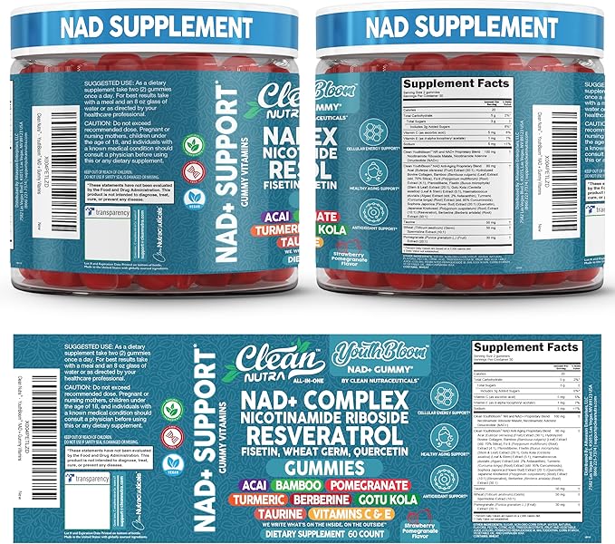 Youth Bloom NAD+ Supplement Gummies Resveratrol Fisetin Wheat Germ Berberine Taurine Turmeric Collagen Astaxanthin Nicotinamide Gotu Kola Pomegranate Vitamin C & E 60 Ct by Clean Nutra