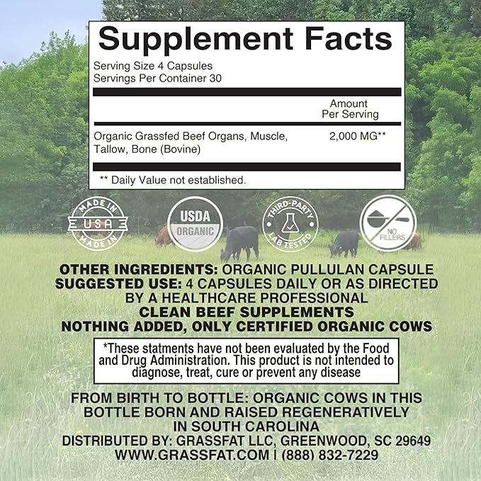 Grassfat Farm - USDA Certified Organic 100% Grassfed Beef Organ Supplements - Whole Cow with Nothing Added - Beef Liver, Kidney, Lungs, Heart, Bone & Muscle - NO Uterus or Fallopian - 30-Day Supply