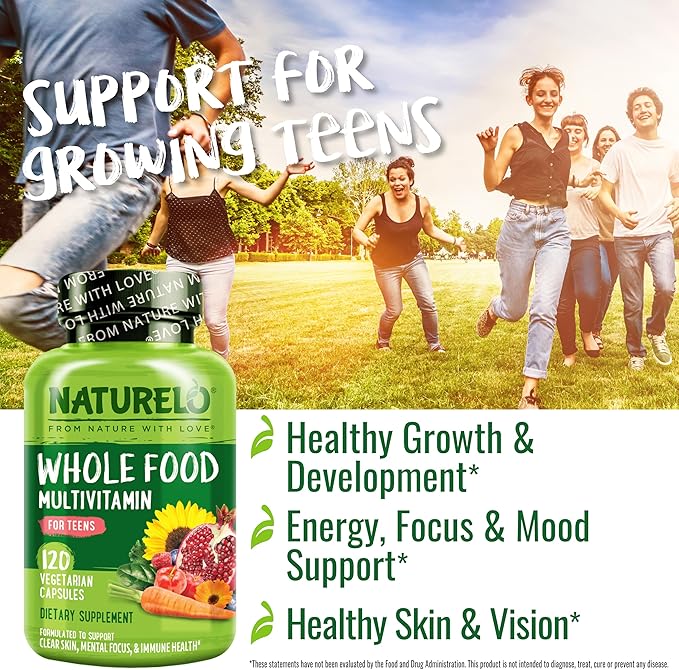 NATURELO Multivitamins for Teenage Girls/Boys, 120 Capsules, Whole Food Multivitamin with Minerals, Non-GMO, Vegetarian