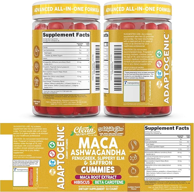 Clean Nutra Maca Root Gummies Ashwagandha Fenugreek Slippery Elm Saffron Hibiscus Beta Carotene Vitamin A for Women Macaroot Extract 60 Gummies Vegan Adaptogen Supplement Gummy Non GMO