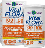 Vital Planet - Vital Flora Advanced Probiotic 100 Billion CFU, 100 Diverse Strains, 10 Organic Prebiotics, Immune Support, Digestive Health Shelf Stable Probiotics for Women and Men 30 Capsules
