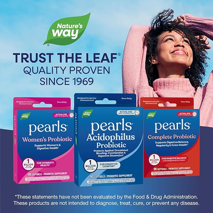 Nature's Way Probiotic Pearls Acidophilus, Supports Digestive Balance & Gut Health, Reduce Occasional Constipation and Bloating*, 1 Billion Cultures, 90 Softgels