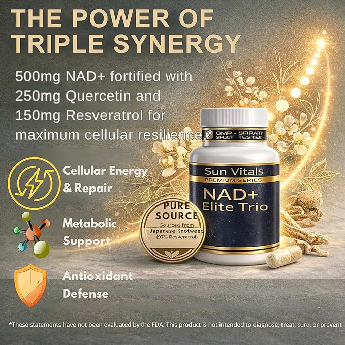 Natural NAD+ Supplement 500 mg with Resveratrol & Quercetin | Cellular Energy & Healthy Aging Support for Women | Non-Stimulant | GMP-Certified | 3rd Party Tested | 60 Vegan Capsules | Made in USA
