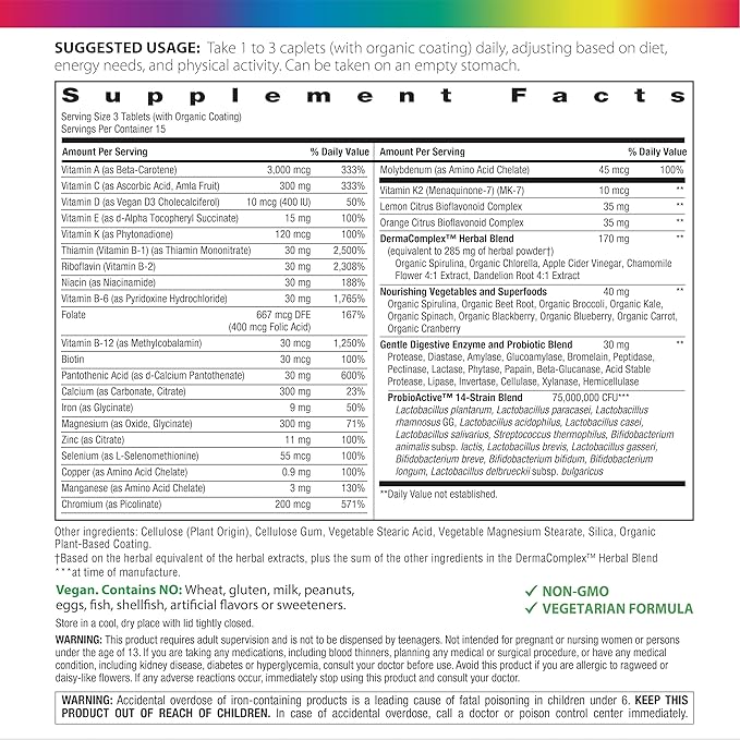 Rainbow Light Teen Multivitamin | 45 Caplets | for Boys and Girls | with DermaComplex, Real Food Nutrients & Iron | Probiotics & Enzymes | Energy, Bone & Immune Support