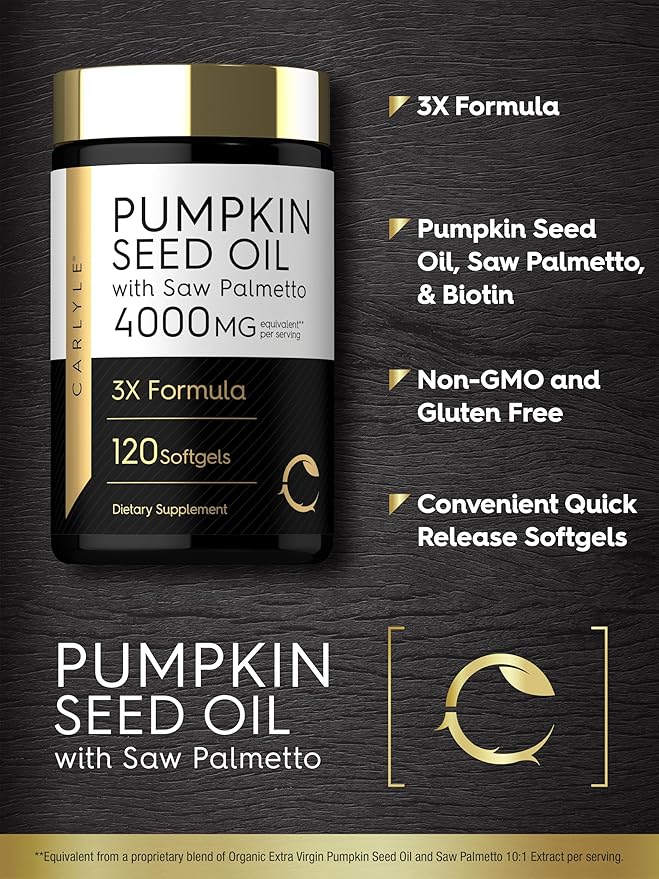 Carlyle Pumpkin Seed Oil with Saw Palmetto 4000 Mg | 120 Softgel Capsules | for Men & Women | 3X Formula with Biotin | Non-GMO, Gluten Free Supplement