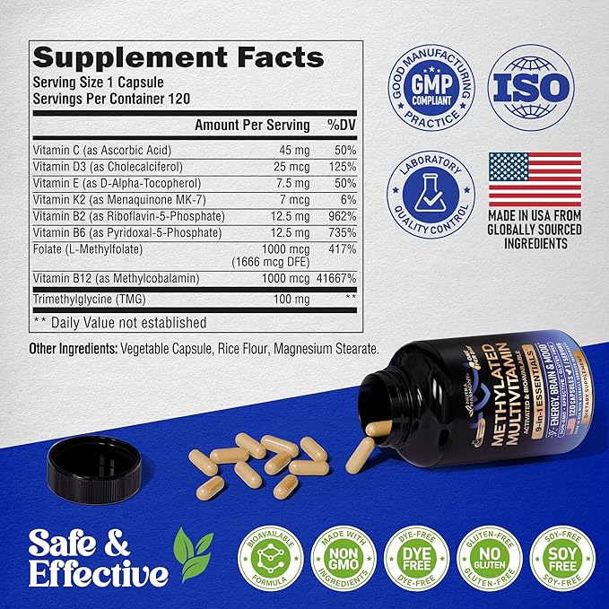 Methylated Multivitamin - B2, B6, 5-MTHF & B12 | Antioxidants C & E | Vitamin D3 & K2 - for Men & Women - 9-in-1 MTHFR Supplement with TMG - Energy, Brain & Mood - Vegan - Made in USA - 120 Capsules