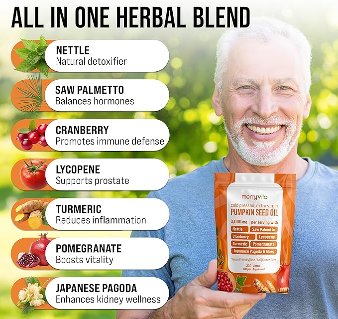 Pumpkin Seed Oil with Saw Palmetto, Turmeric, Nettle & More | 3000mg Per Serving, 300 Softgels | Cold Pressed, Extra Virgin | Prostate Health Supplements for Men | Non-GMO