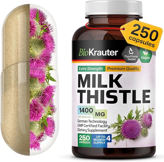 BIO KRAUTER® Milk Thistle Supplement for Liver Cleanse & Detox - Pure Vegan Milk Thistle Extract 1400 mg per Serving Сontains Silymarin - 250 Capsules, 125 Days of Supply, Non-GMO