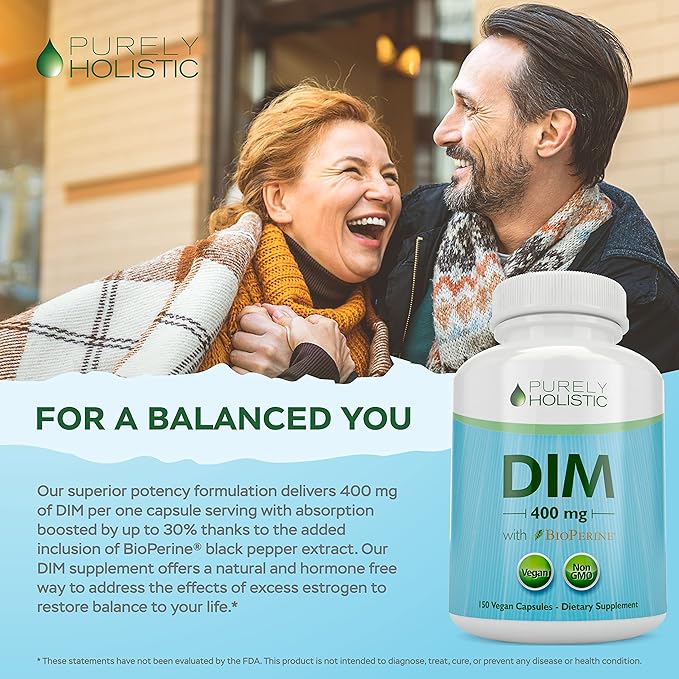 Purely Holistic DIM Supplement 400mg Plus Bioperine - 150 Vegan Capsules - 5 Month Supply - Hormone Balance for Women & Men - High Strength Diindolylmethane