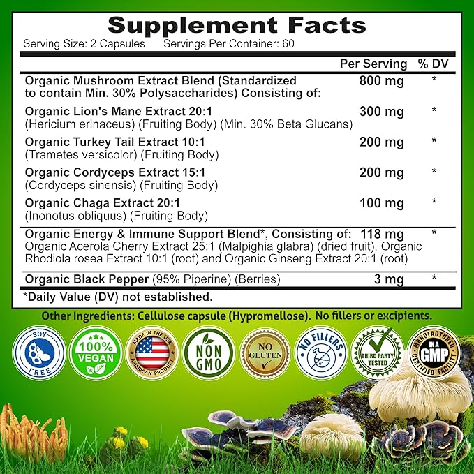 Organic Mushroom Complex: Lion's Mane, Turkey Tail, Cordyceps, Chaga, Contains Naturally Occurring Beta Glucans - Organic Energy & Immune Support Blend: Rhodiola Rosea, Ginseng & Acerola Cherry 120Ct