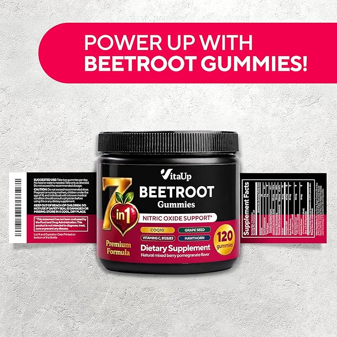 VitaUp Beet Root Gummies – Beetroot Supplement with CoQ10, Grape Seed, Vitamin C, B12 & B3 – Nitric Oxide Gummies for Circulation Support – Beet Supplement for Energy & Immune Support – 120 Beet Chews