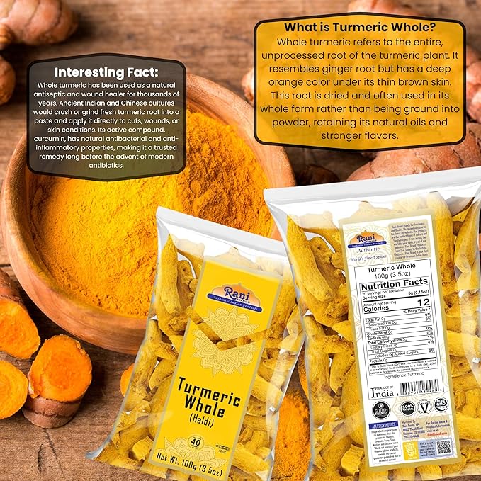 Rani Turmeric (Haldi) Root Whole Spice, Dried 3.5oz (100g) ~ All Natural | 100% Pure | Vegan | Gluten Friendly | NON-GMO | Kosher | Indian Origin