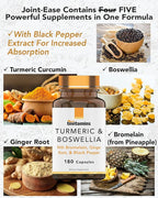 tnvitamins Turmeric & Boswellia Complex (180 Capsules) with Ginger Root, Bromelain, & Black Pepper Extract | Joint-Ease Formula: Powerful Joint Support Supplement* | Produced in The USA