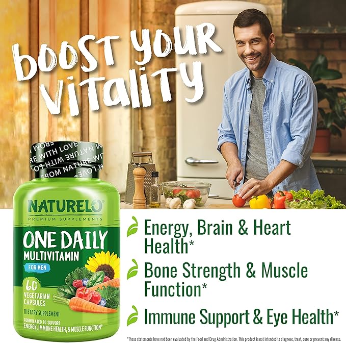 NATURELO Mens Multivitamins - One Daily Multivitamin for Men with Vitamins, Minerals & Organic Whole Foods, Boost Energy & Health, Non-GMO, 60 Vegetarian Capsules