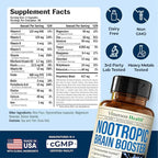 Nootropics Brain Support Supplement - Nootropic Brain Booster for Improved Focus, Concentration & Memory. Brain Nootropic for Brain Health, Mood & Energy Support. Non-GMO. Made in the USA. 60 Capsules