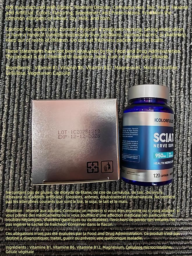Sciatic Nerve Capsules, Nerve Support Supplement with 300mg Alpha Lipoic Acid & B-Complex Vitamins, 120 Capsules for Hip, Hand, Leg & Lower Back Comfort