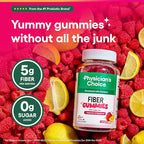 Physician’s Choice Fiber Gummies for Digestive Health & Regularity - Raspberry Lemon Flavor - No Sugar Added & Vegan - Natural Chicory Root Prebiotic Fiber - Daily Gummy for Adults, Women & Men - 60CT