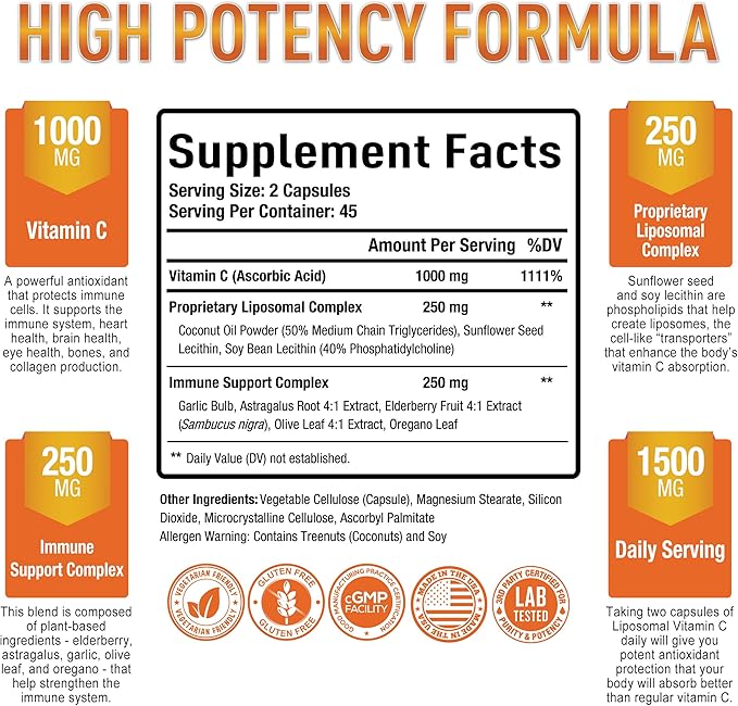 Purely Optimal Premium Liposomal Vitamin C Supplement - High Absorption, Fat Soluble Ascorbic Acid Vitamin C 1000mg for Immune Support - Collagen & Immune System Booster, Non-GMO, 90 Capsules