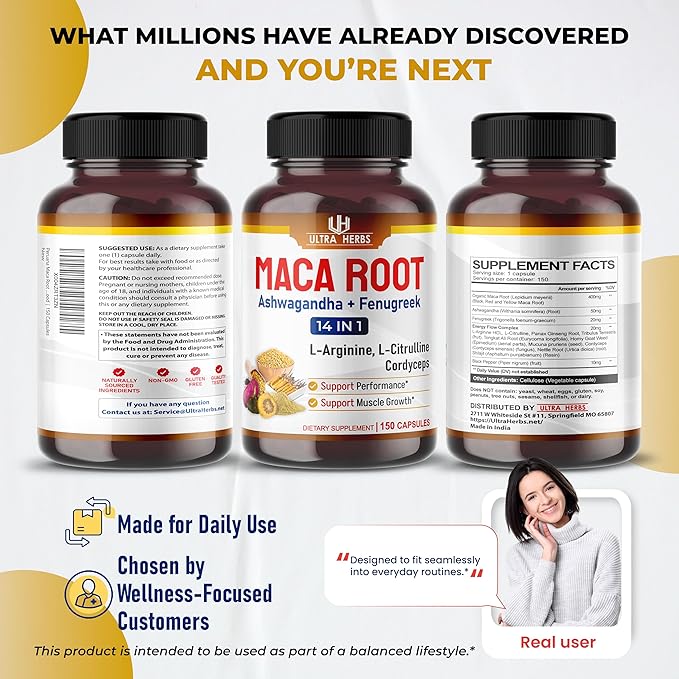 Peruana Maca Root Black, Red, Yellow | Maca Root Capsules Enhanced with Ginseng, Ashwagandha, Fenugreek | Support Stamina, Performance & Mood | 150 Capsules
