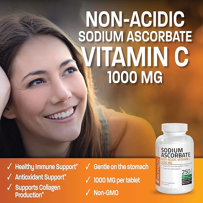 Bronson Sodium Ascorbate Non Acidic Vitamin C 1000 Mg Tablets - Gentle On The Stomach - Immune System Booster - Powerful Antioxidant - Non GMO Vitamin C Supplement, 250 Count