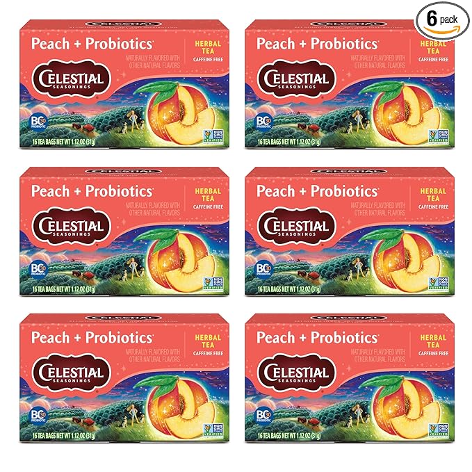 Celestial Seasonings Peach + Probiotics Herbal Tea, Caffeine Free, 16 Tea Bags Box (Pack of 6)