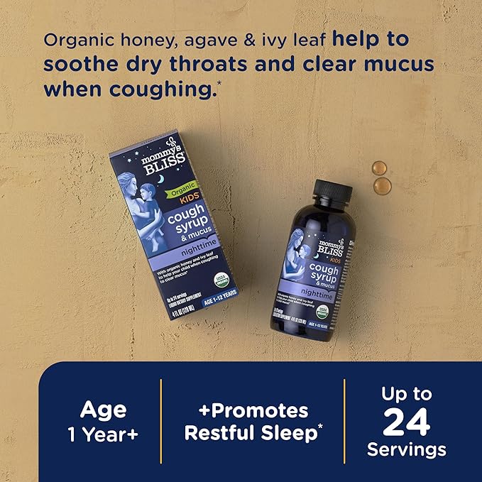 Mommy's Bliss Kids Organic Cough Syrup & Mucus Relief for Night Time, Agave & Honey, Ivy Leaf, Zinc, Vitamin C, Cough Syrup for Kids, +Herbal Nighttime Blend, 4 Fl z