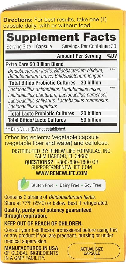 Renew Life Extra Care Digestive Probiotic Capsules, 50 Billion CFU Guaranteed, Daily Supplement Supports Immune, Digestive, Respiratory Health(1), L. Rhamnosus GG, Dairy, Soy and Gluten-Free, 30 Count