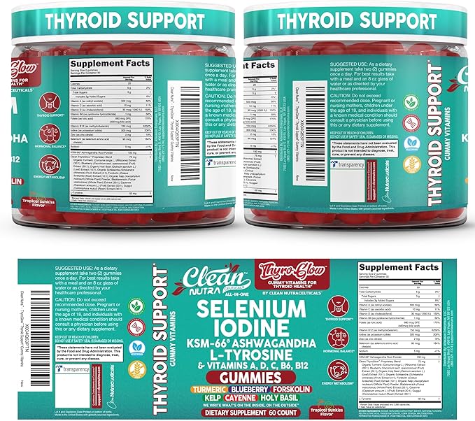 ThyroGlow Thyroid Support Gummies Selenium Iodine KSM 66 Ashwagandha L Tyrosine Vitamin D, C, B12, B6 Turmeric Blueberry Holy Basil Folate Bladderwrack By Clean Nutra