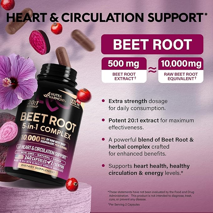 Beet Root 5-in-1 Complex Capsules - Healthy Blood Pressure Support Supplement** for Heart & Circulation Support - with Hawthorn Berry, Hibiscus & Garlic - for Men & Women - Made in USA, 240 Capsules