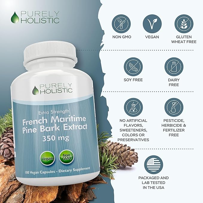 Purely Holistic Pine Bark Extract 350mg 180 Vegan Capsules 95% Proanthocyanidins - French Maritime Pine Bark Extract - Non GMO & Pesticide Free Antioxidant Supplement