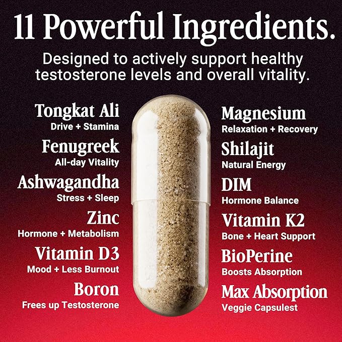 Advanced Natural Testosterone Booster 11-in-1 Drive, Energy, Performance - Tongkat Ali, Fenugreek, KSM-66 Ashwagandha, Boron, DIM - 120 Max Absorption Capsules - Made in USA