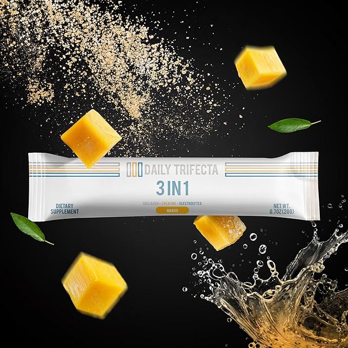 DAILY TRIFECTA 3-in-1 Collagen, Creatine & Electrolyte Stick Packs | Type I Collagen, Creatine Monohydrate, Zero Sugar | 30 Natural Single-Serve Packets | Strength, Hydration & Recovery (Mango)