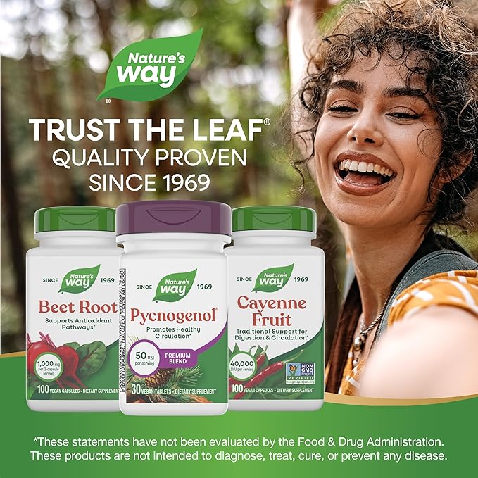 Nature's Way Pycnogenol Premium Blend, Promotes Healthy Circulation*, Antioxidant Support*, 50 mg per Serving, 30 Vegan Tablets (Packaging May Vary)
