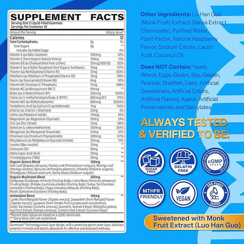2 Pack Methylated Multivitamin for Men & Women Gummies + Greens & Mushroom Blend, Methylfolate & B12, TMG, Choline, Daily Vitamin A, C, D3K2, E, B Complex, Coq10, ALA for Overall Wellness, Sugar Free