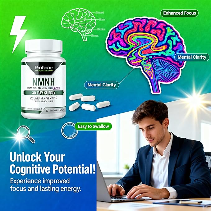 Uthpeak NMNH NAD Supplement 250mg - Recommended Dose for Healthy Aging, a Memory Focus Supplement for Cognitive Function Support (60 Capsules) - Alternative to NR, NAD, Quercetin and Fisetin
