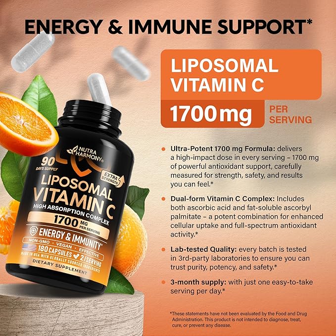 Liposomal Vitamin C 1700 mg - High Absorption Fat Soluble Complex - Antioxidant, Energy Boost & Immune Support - Vitamin C Supplement Made in USA - NON-GMO, SOY-Free & Gentle on Stomach - 180 Capsules