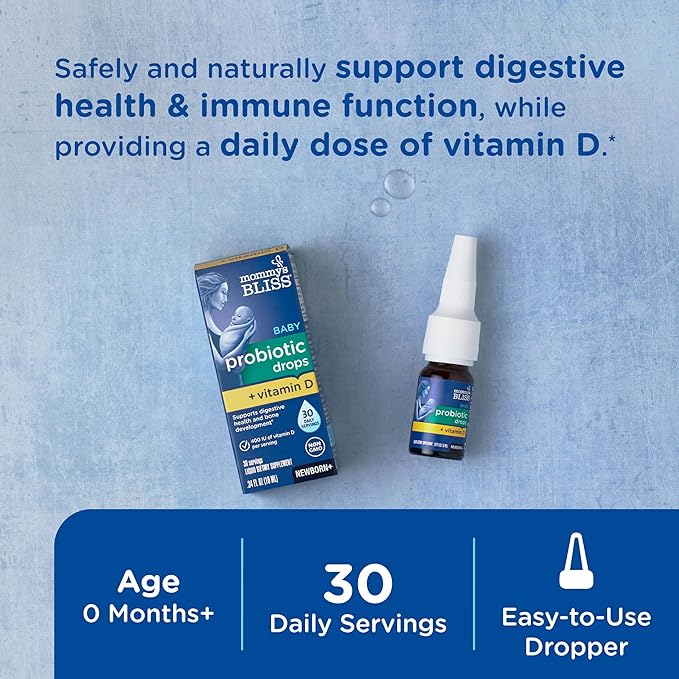 Mommy's Bliss Baby Probiotics + Vitamin D Drops,Supports Digestive Health & Immune Function*,400IU Vitamin D,Supports Bone Development*,Newborns+,Flavorless,0.34 Fl Oz (30 Servings),(Pack of 2)