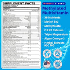 Methylated Multivitamin for Women & Men Gummies w/ Omega-3, Calcium, D3 K2, Methylfolate & B12, TMG, Daily Vitamin A, C, E, B Complex, Magnesium, CoQ10, Probiotic for Overall Health- Vegan, Sugar Free