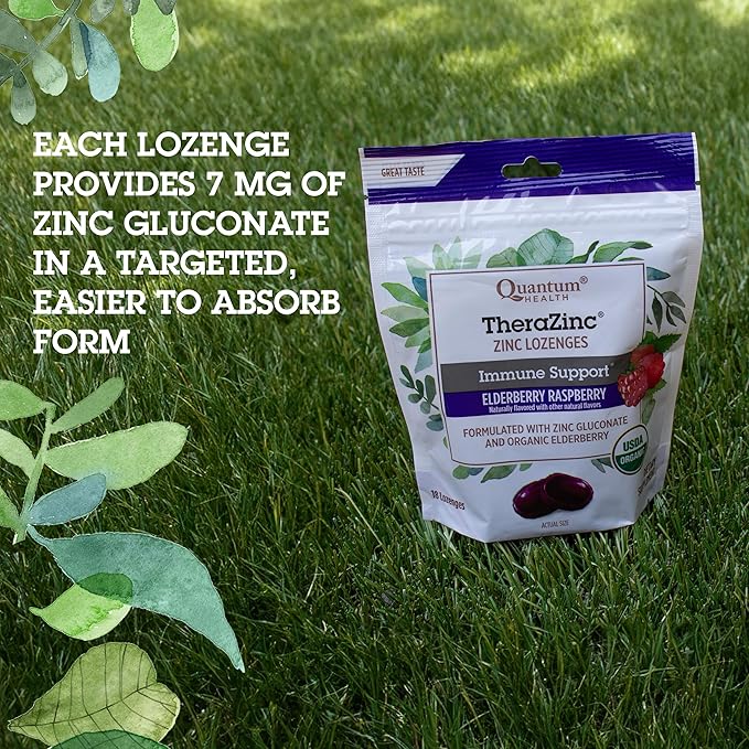 Quantum Health TheraZinc Organic Zinc Lozenges, Elderberry Sambucus Raspberry & Honey, Immune Support for Adults & Kids 12+, Fast Relief, No Aftertaste, 18 Count (Package May Vary) (Pack of 2)