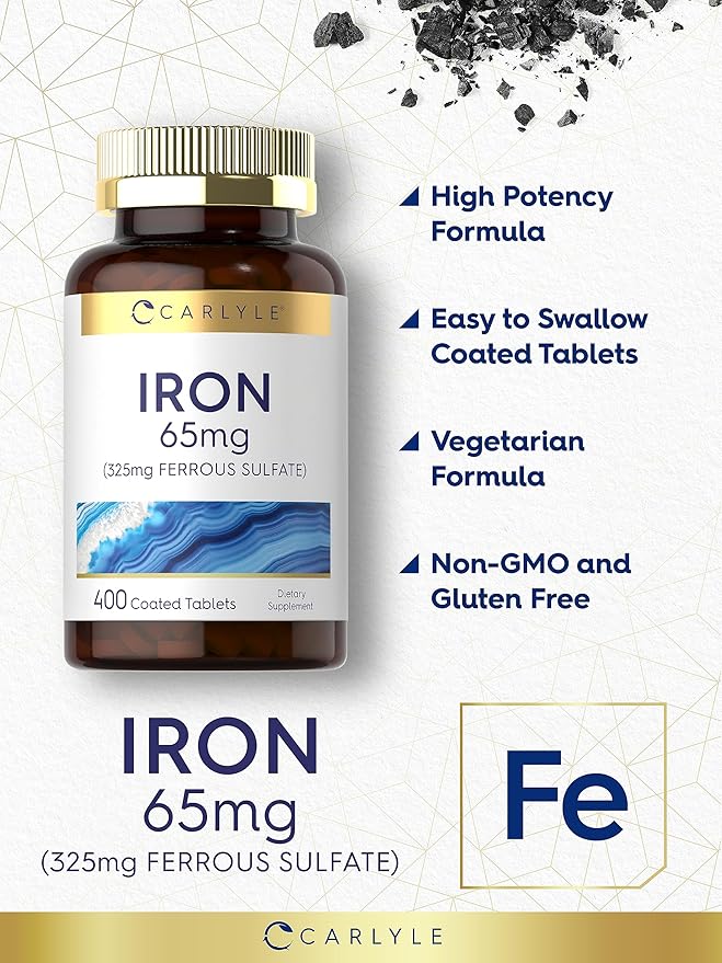 Carlyle Iron Ferrous Sulfate 325mg, 65 mg | 400 Tablets | Non-GMO, Gluten Free, and Vegetarian Supplement | High Potency