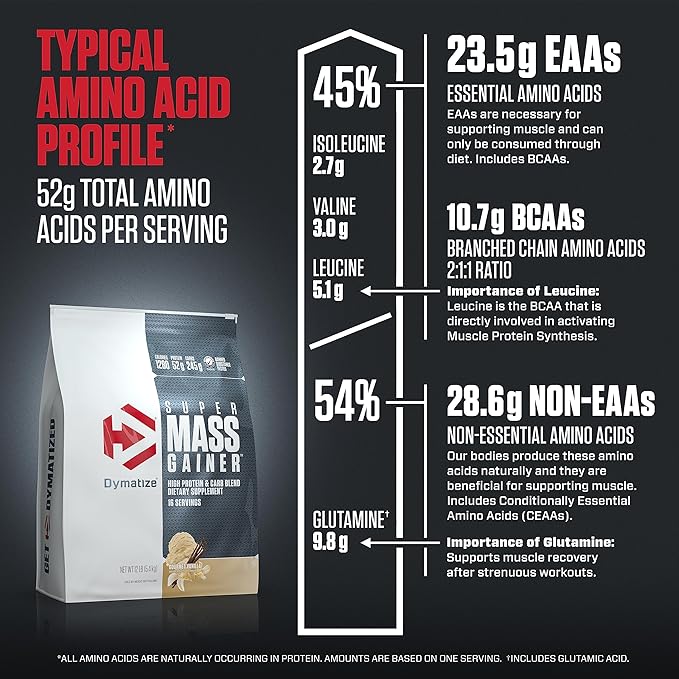 Dymatize Super Mass Gainer Protein Powder, Gourmet Vanilla, 52g Protein, 1g Creatine, 1280 Calories, 10.7g BCAAs, 245g Carbs, Contains Whey Protein, Isolate, and Casein (16 Servings)